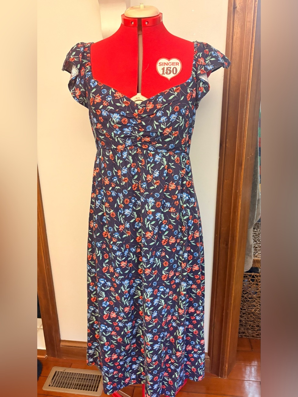 Women’s Navy Floral Midi Dress with Cap Sleeves Size M